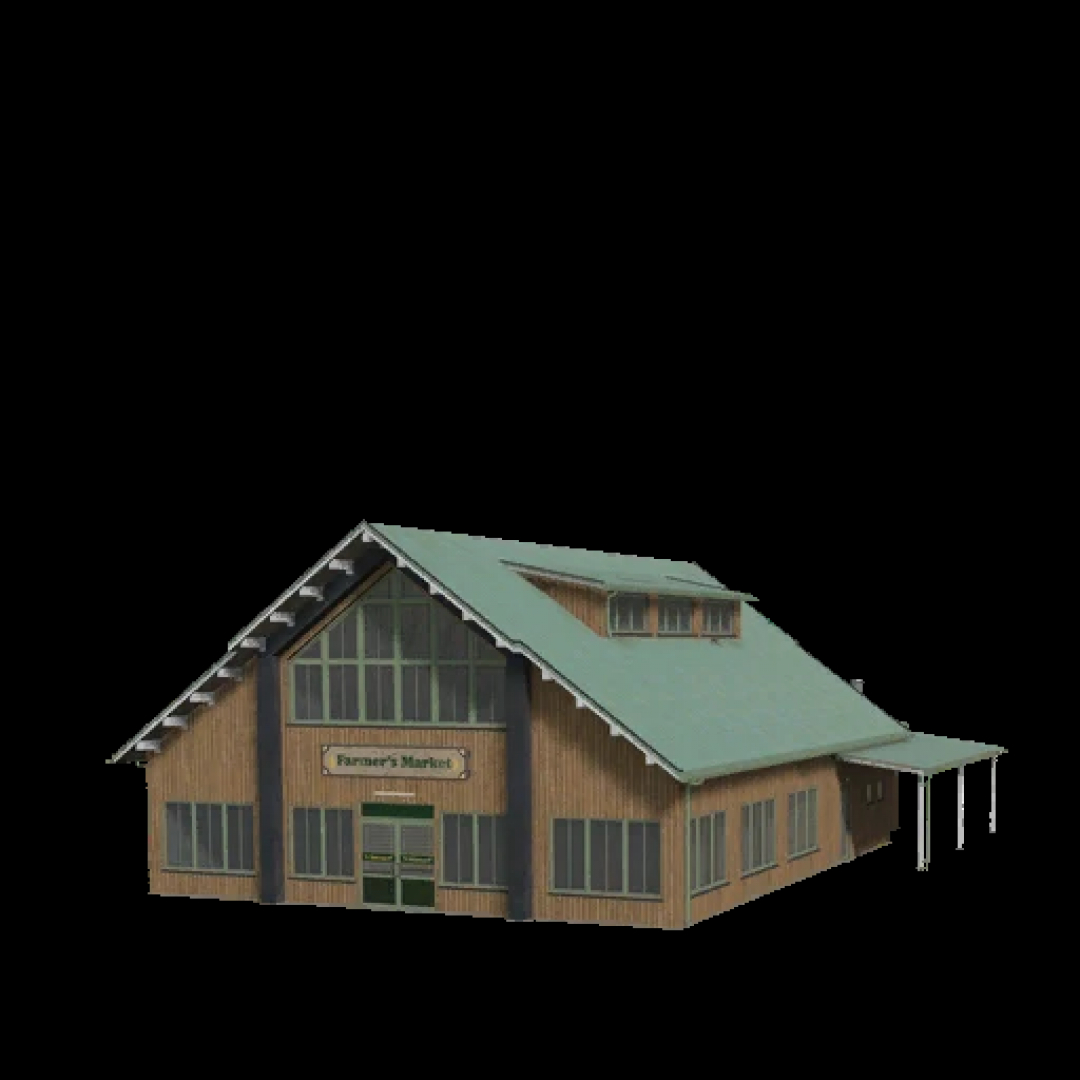 FS25 mod image of Black Market Sales Station 1.2, featuring a wooden farmer's market building.