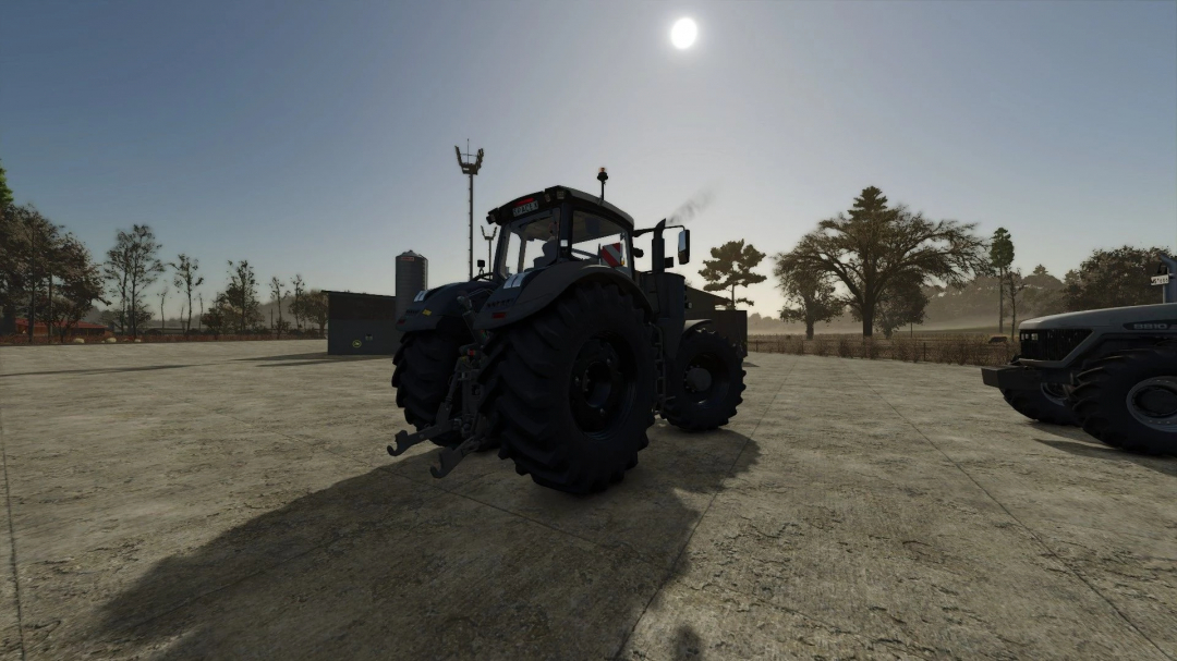 FS25 mod Black smoke for all vehicles v1.0.0.0 showing a tractor emitting black smoke in a farm setting.