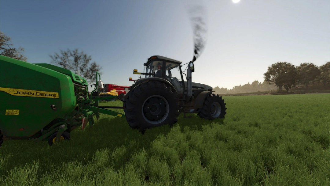 FS25 mod showing tractor emitting black smoke in a field, enhancing realism in Farming Simulator 25.