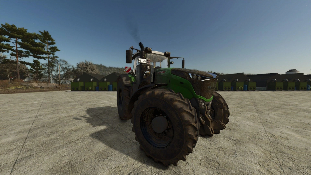 FS25 mod Black smoke for all vehicles v1.0.0.0 showing a tractor emitting black smoke against a rural backdrop.