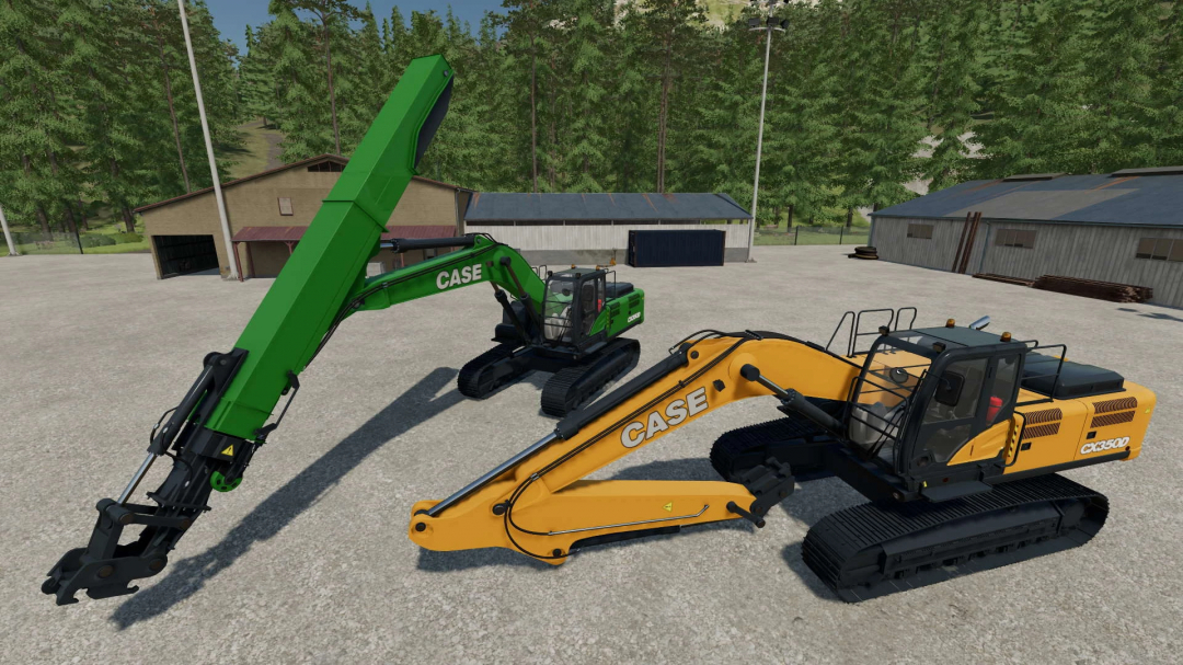 FS22 mods: Two Case CX350D excavators in green and yellow parked at a farm in Farming Simulator 22.