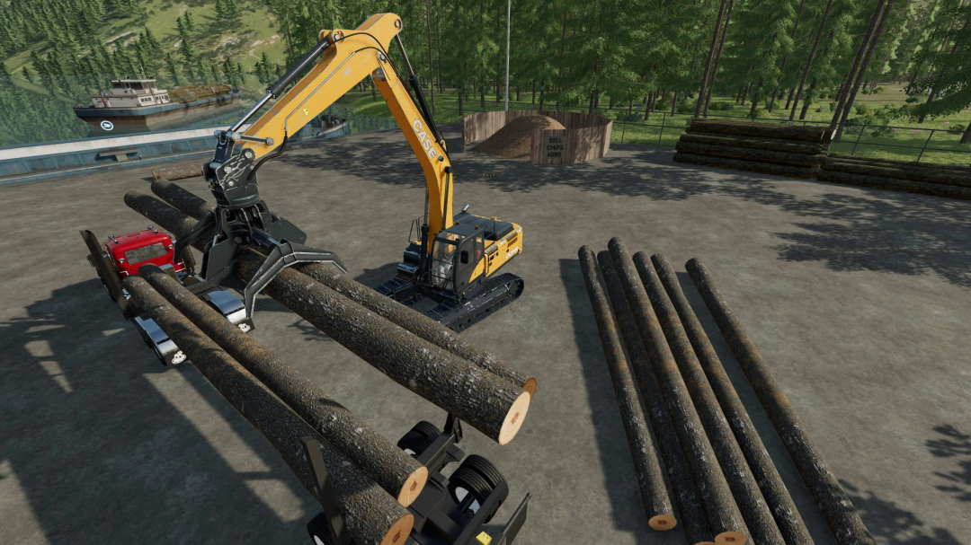 FS22 mod Case CX350D excavator handling logs in a forestry area.