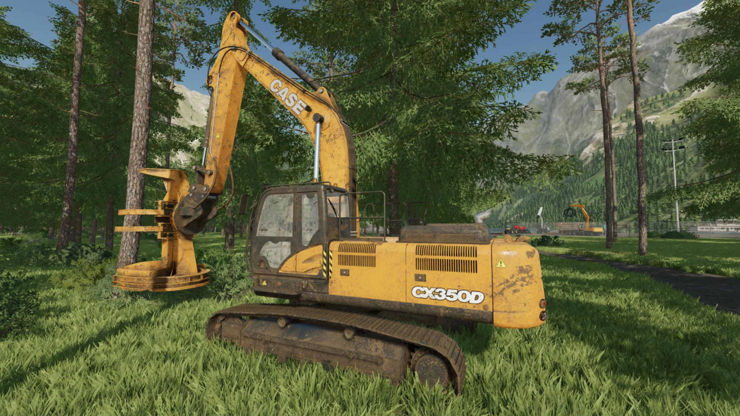 Case CX350D excavator mod for FS22 in a forest setting, showcasing its detailed design in Farming Simulator 22.