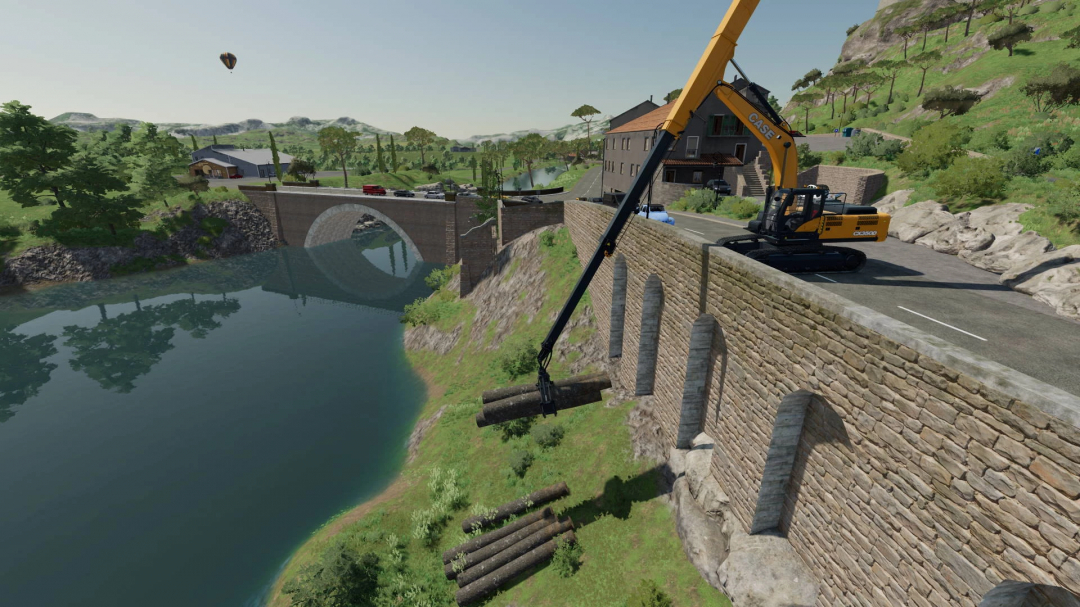 FS22 mod Case CX350D excavator loading logs near a bridge in Farming Simulator 22.