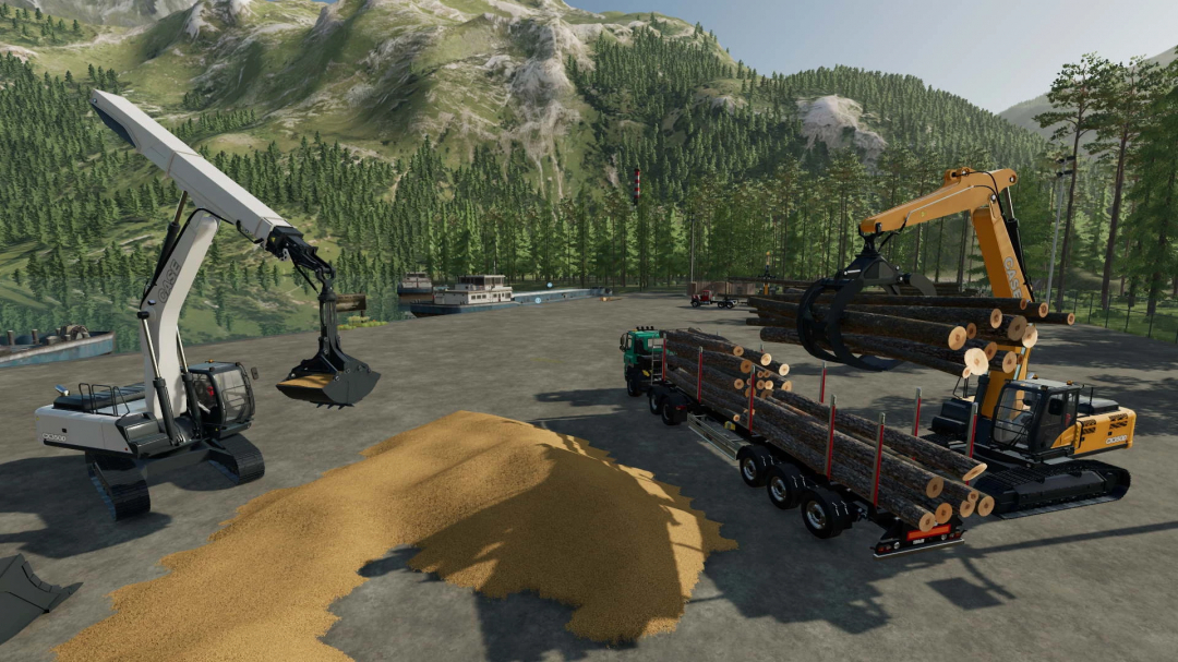 FS22 mod Case CX350D v1.0.0.0: Excavators loading logs onto a truck with mountains in the background.