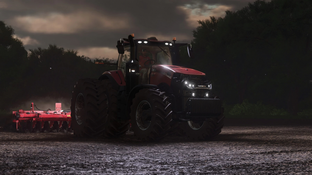 Case IH AFS Connect Magnum Series tractor in FS25 mod at night.