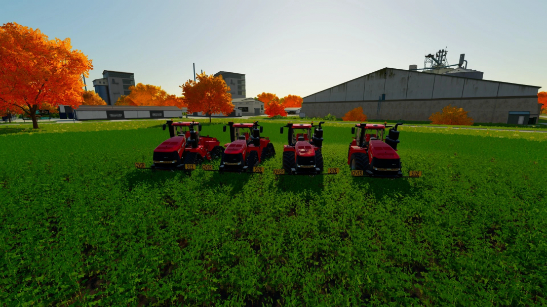 Four CaseIH AFS Steiger tractors in a field with autumn trees and farm buildings, FS22 mods.