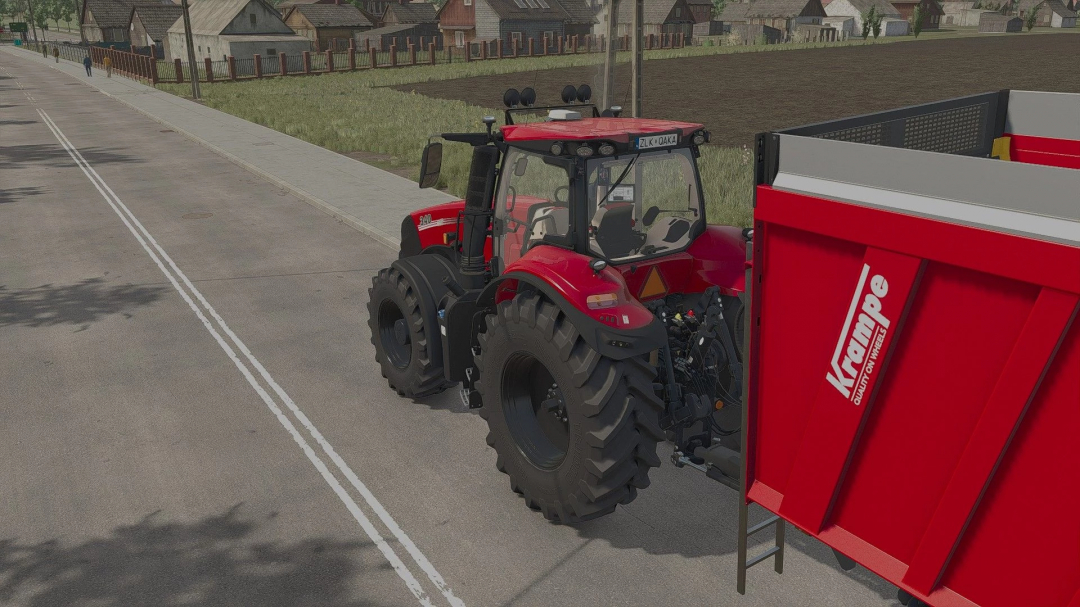 FS25 mod Case IH Magnum T4B with Krampe trailer on a village road.