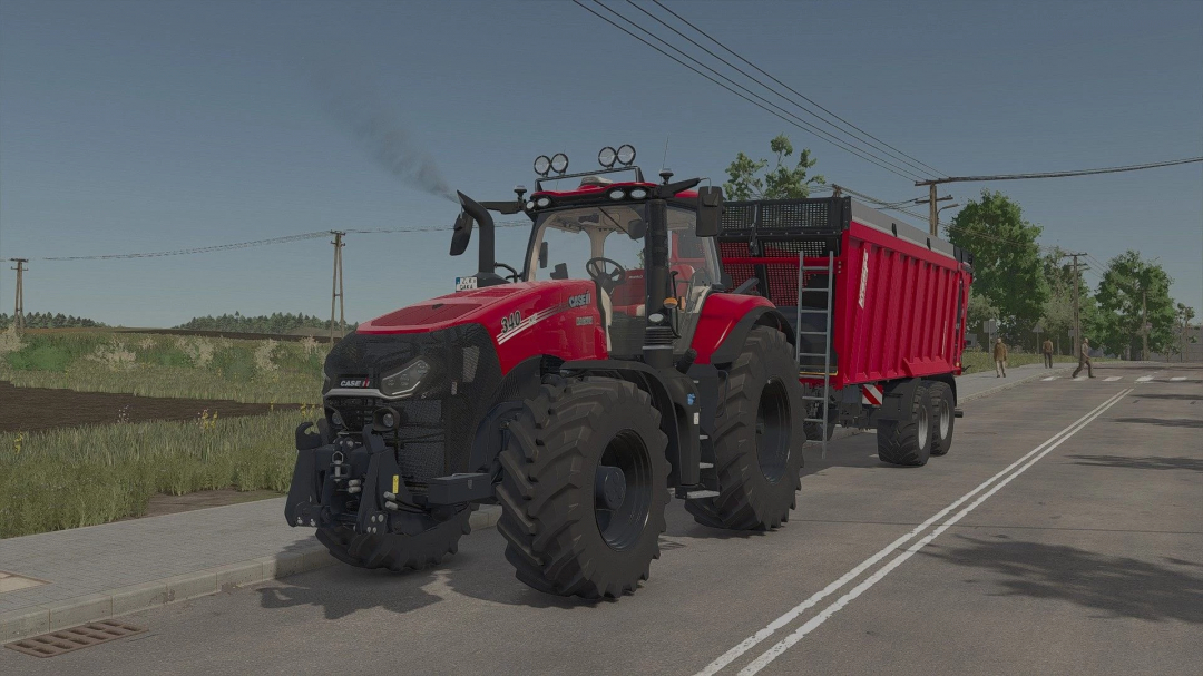 FS25 mod Case IH Magnum T4B tractor with trailer on a road.