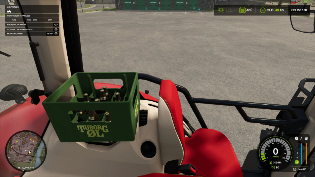 FS25 mods: Case IH Magnum T4B Edit v1.0.0.0 showing tractor cabin interior with a crate of Tuborg bottles.