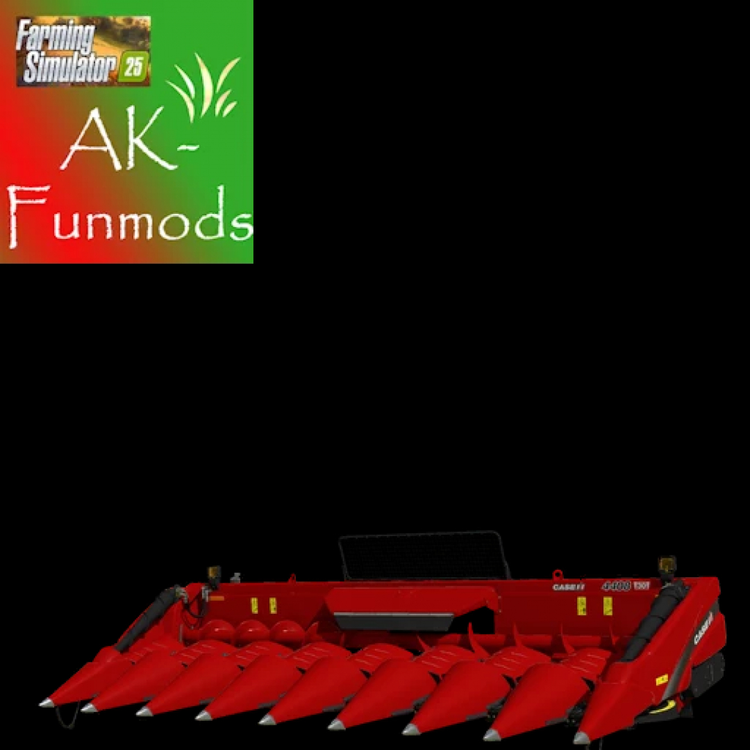 Case corn cutter 30m mod for Farming Simulator 25, showcasing red harvesting equipment with AK-Funmods logo. FS25 mods.