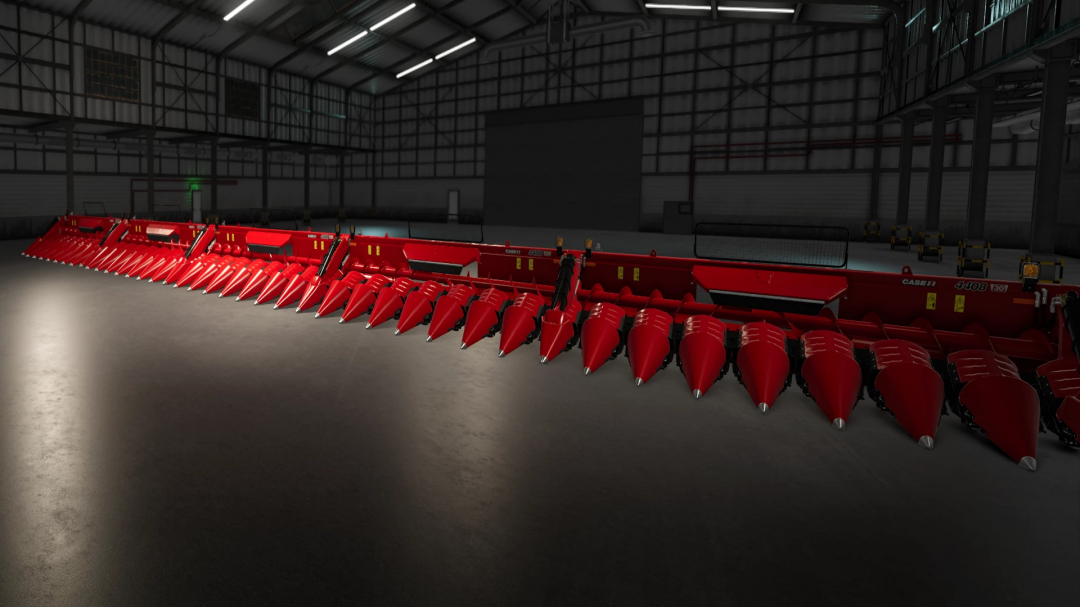 Case corn cutter 30m mod for FS25 features a detailed red harvester attachment in a warehouse.