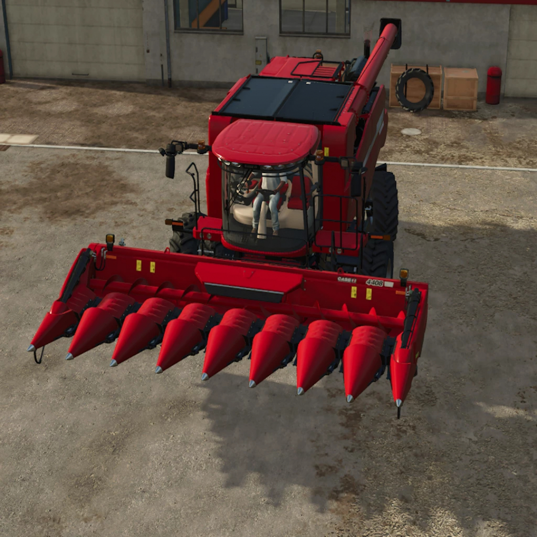 FS25 mod image of Case corn cutter 30m 1.00 in Farming Simulator 25, featuring red harvester with extended cutter head on a farm.