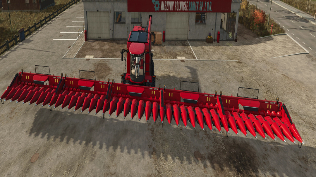 Case corn cutter 30m mod for FS25 in front of a building, Farming Simulator 25 mods.