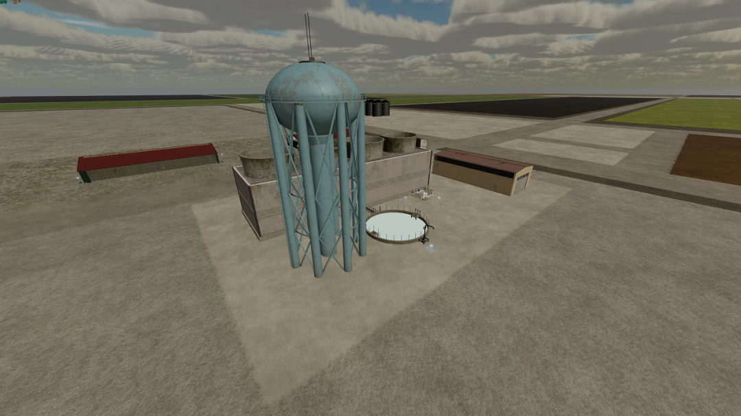 FS25 mod Central Water Supply 1.0 featuring a large blue water tower and facility on a farm.