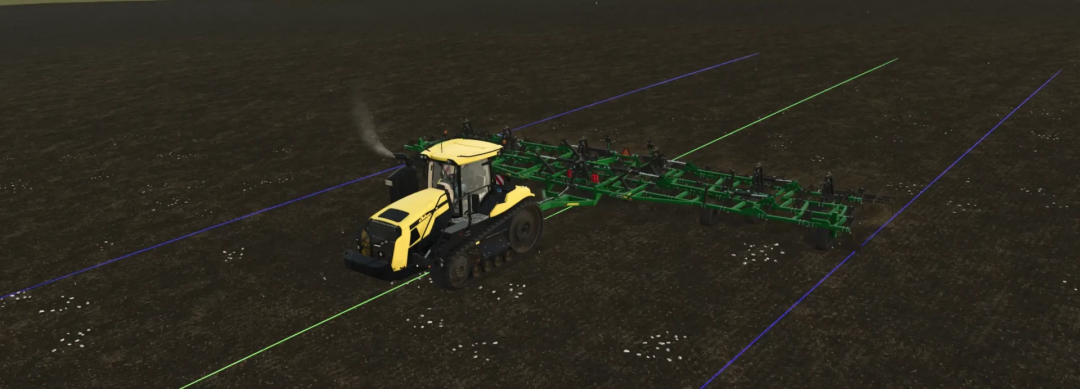 Challenger MT800 2021 V1.0.0.1 mod in FS25, plowing a field with a green cultivator attachment.