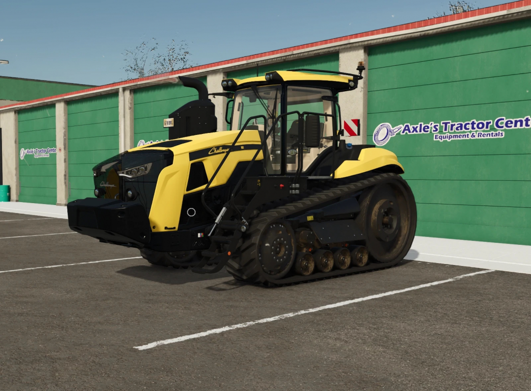 FS25 mod Challenger MT800 2021 V1.0.0.1 at Axle's Tractor Center, featuring advanced design and tracks.