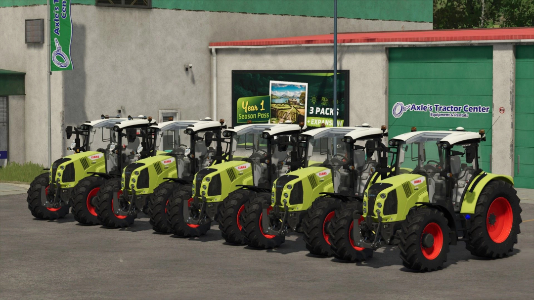 Line of Claas Arion 400 tractors outside Axle's Tractor Center in FS25 mod Claas Arion 400 Edited v1.0.0.0.