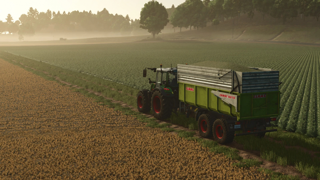 FS25 mod Claas Carat v1.0.0.0 trailer in a vast field, showcasing realistic Farming Simulator 25 landscapes.