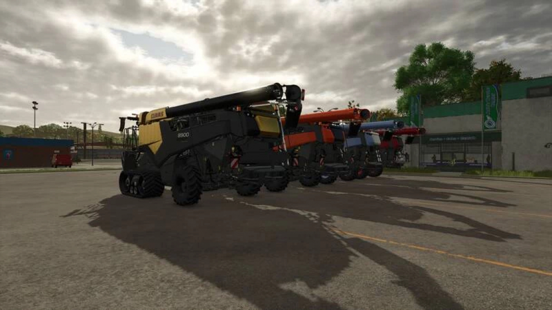 FS25 mods Claas Lexion 8900 Pack Edit v1.0.0.0 in a parking lot, showcasing multiple combines.