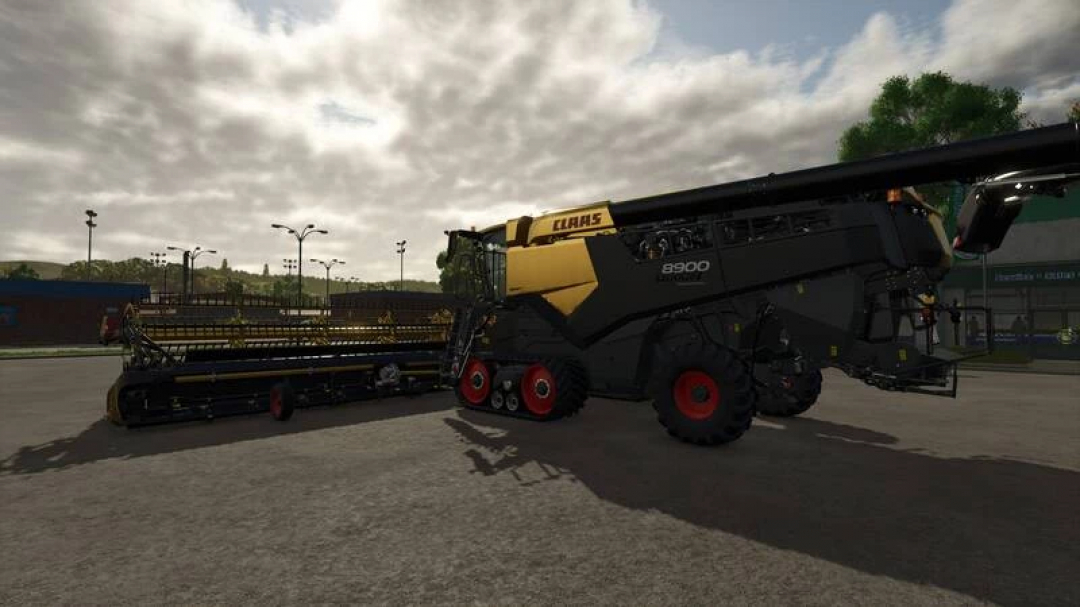 Claas Lexion 8900 pack mod for FS25, featuring a combine harvester in a field under a cloudy sky.