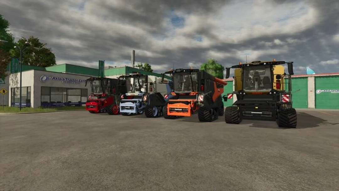 FS25 mods: Claas Lexion 8900 Pack Edit v1.0.0.0 featuring four colorful combines parked on a lot.