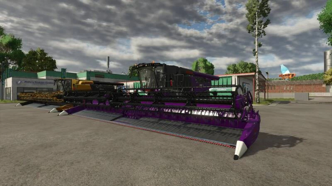 Claas Lexion 8900 Pack in Farming Simulator 25, featuring purple and black harvesters. FS25 mods enhance gameplay.