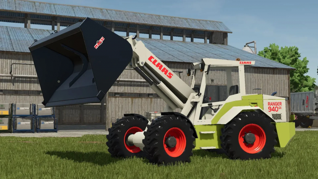 Claas Ranger GX940 loader in FS25 mod, showcasing its lifting capabilities near a barn.