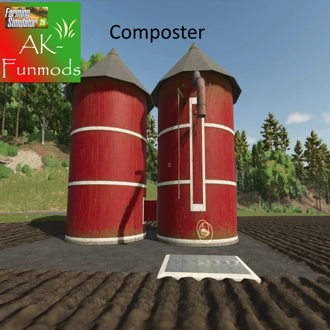 FS25 mod Composter 1.10 featuring two red silos on a farm landscape