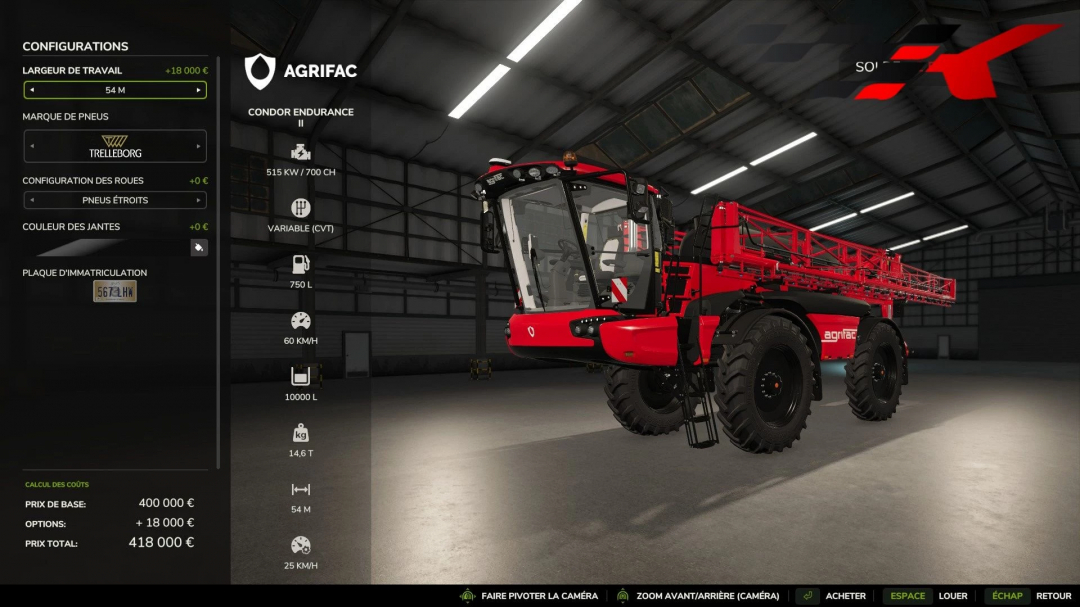 FS25 mod Condor Endurance II Edit v1.0.0.0, featuring a red Agrifac machine in a warehouse with specs displayed on the left.