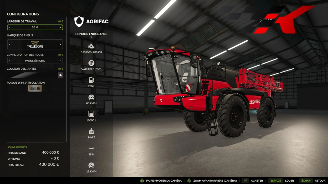 FS25 mod image of Condor Endurance II in a garage, showcasing customization options and specifications.