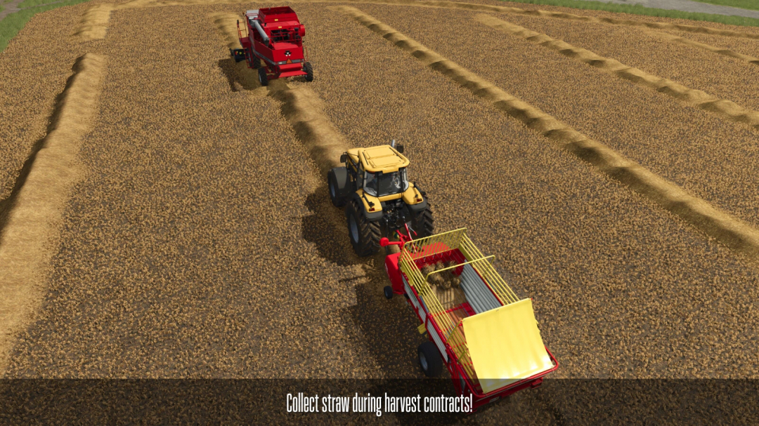 FS25 mod Contract Boost v1.0.0.0: tractor collecting straw in field during harvest contract.