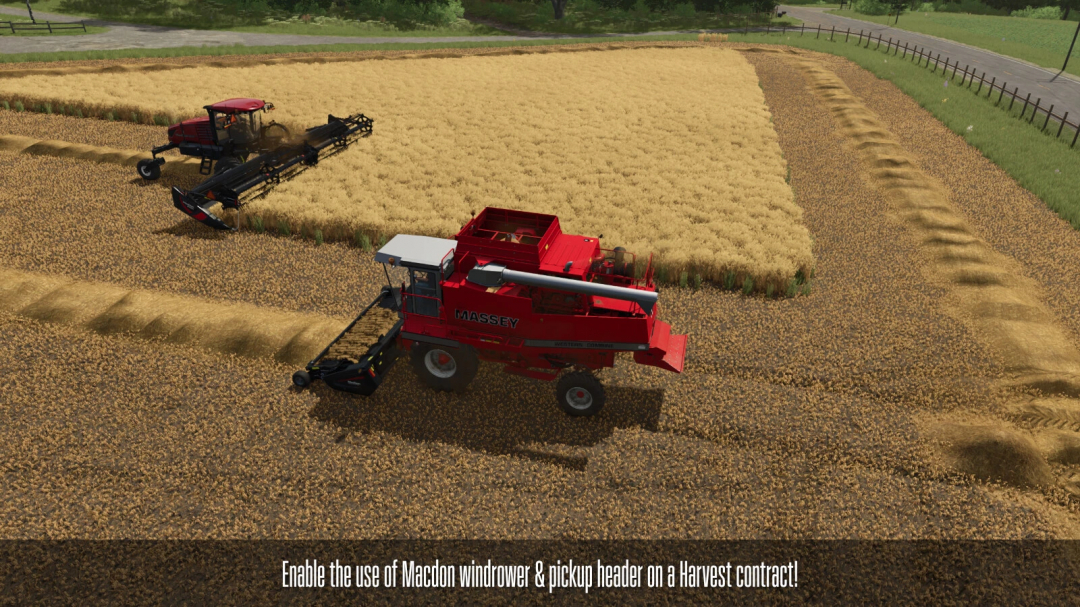 FS25 Contract Boost mod: red Massey harvester in wheat field, with Macdon windrower and pickup header used for harvest.