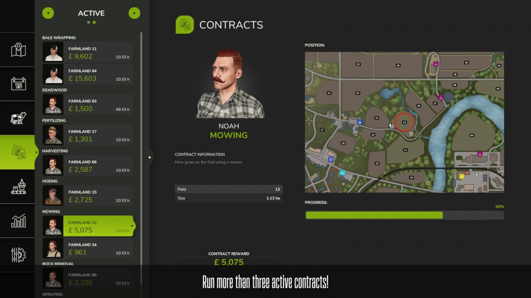 FS25 Contract Boost mod interface showing various active contracts and mowing map details.