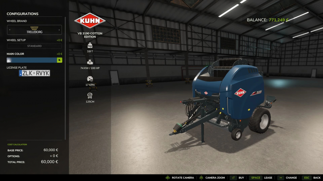 FS25 mod Cotton Production Pack v1.0.0.0 showing a KUHN baler configuration page in a garage setting.