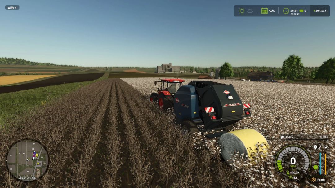 Tractor using Cotton Production Pack mod in FS25, harvesting cotton fields.