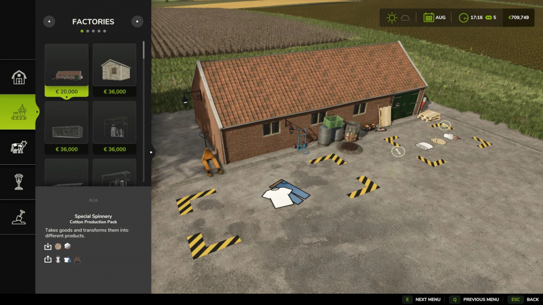 FS25 Cotton Production Pack mod showing a factory building with cotton processing options.