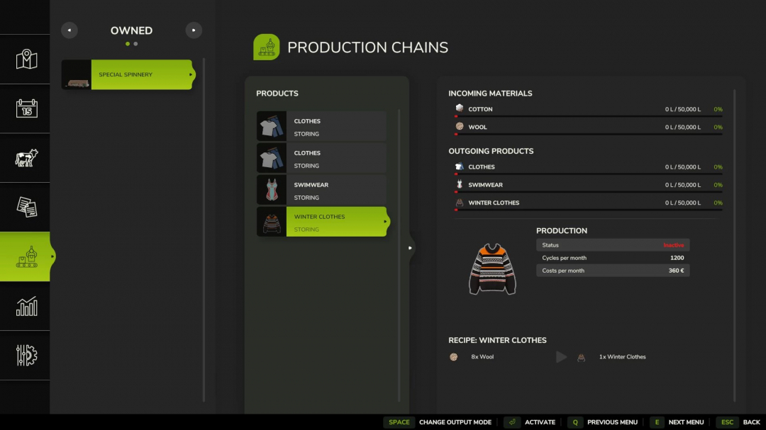 FS25 Cotton Production Pack interface showing production chains for clothes, swimwear, and winter clothes, with materials and costs.