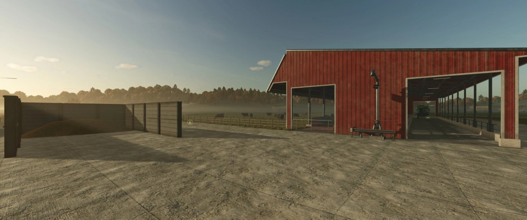 FS25 mod CowShed OldenfarmEdition v1.0.0.0 showcasing a red barn in a serene farm landscape.