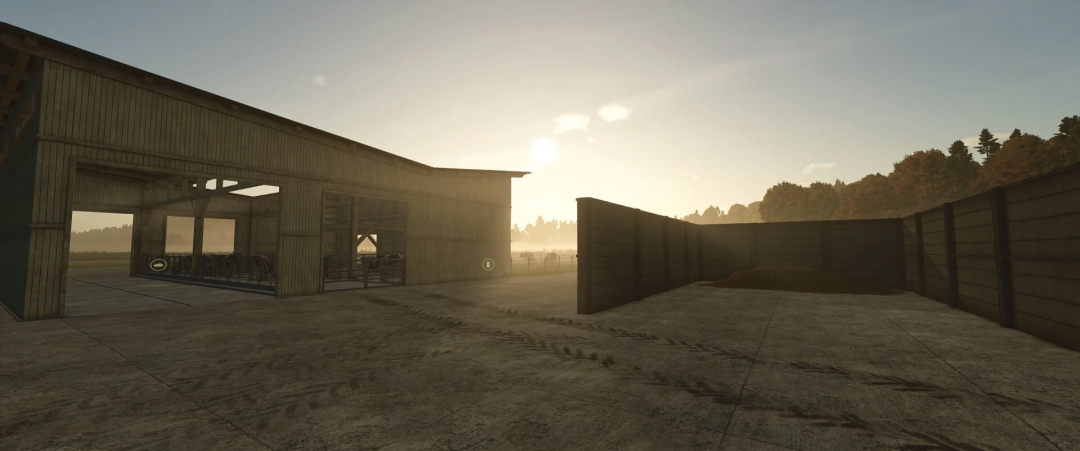 FS25 mod CowShed OldenfarmEdition, a wooden barn in sunset, open doors reveal cows inside.