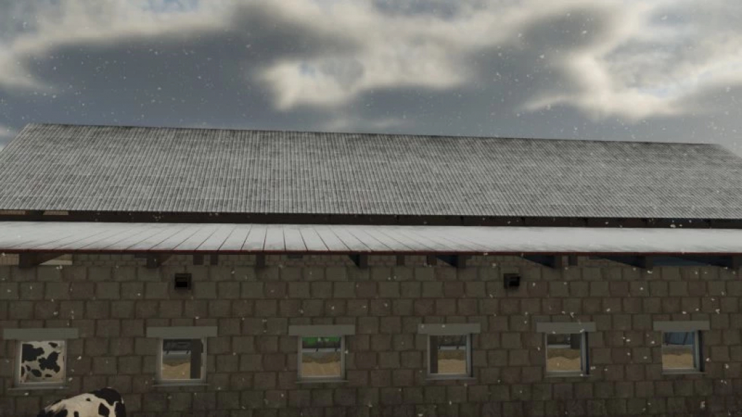 Cows Barn With Manure Spliter mod in FS25, showcasing a large stone barn during snowfall.