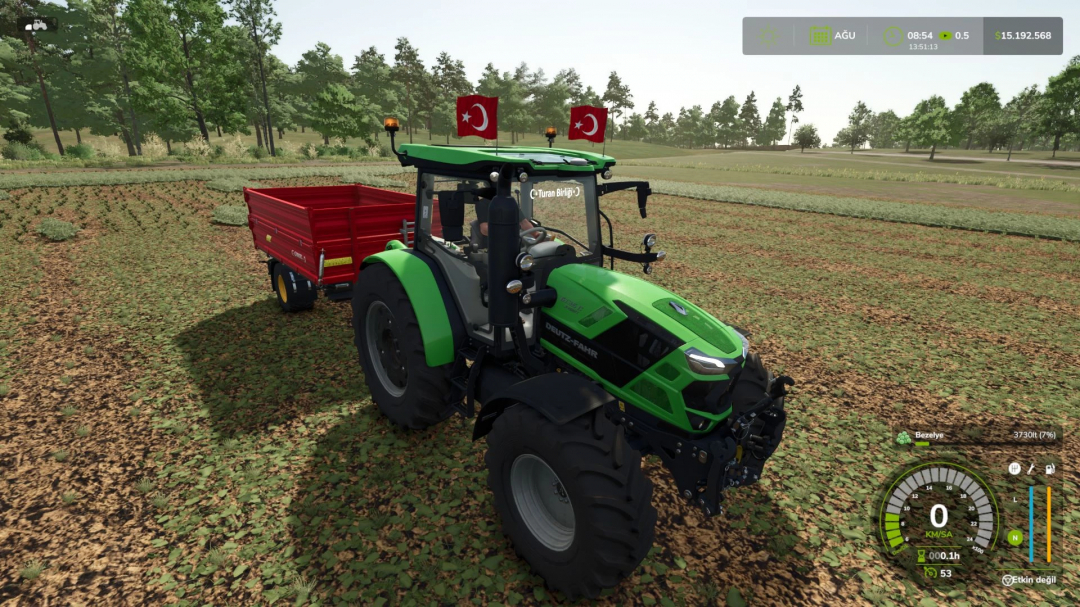 Deutz Fahr 6C RV-Shift tractor pulling a red trailer on a farm in FS25 mod.