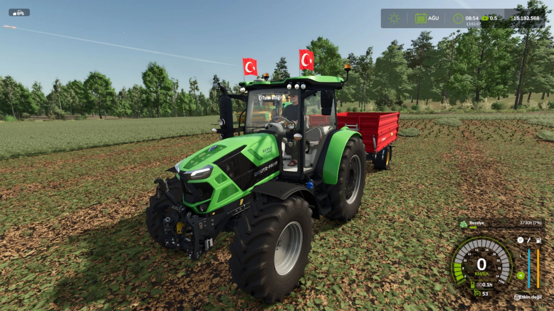 Deutz Fahr 6C RV-Shift tractor in FS25 mod, towing a red trailer on a farm field.