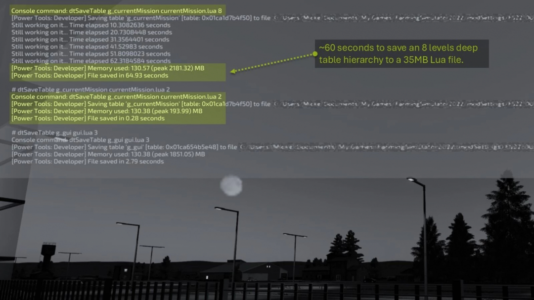 FS25 mod Developer PowerTools v1.0.0.0 displaying console command details, highlighting Lua file save time and memory usage.