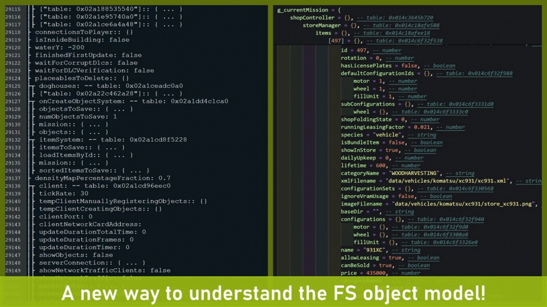 FS25 mods Developer PowerTools v1.0.0.0 displaying code for FS object model understanding.