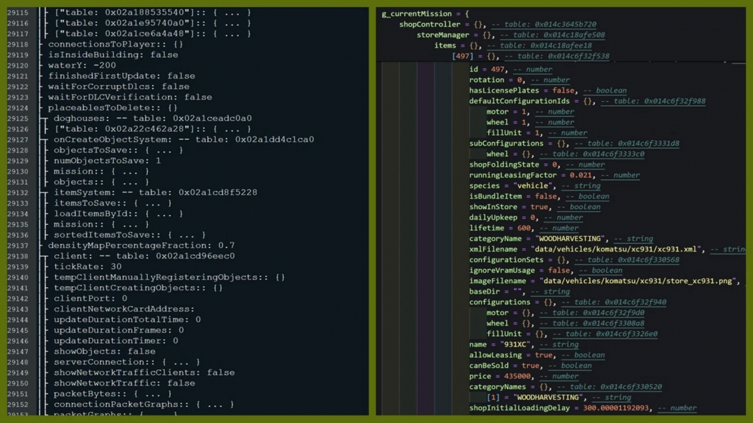 Screenshot of Developer PowerTools v1.0.0.0 mod for FS25 showing detailed coding interface with various parameters.