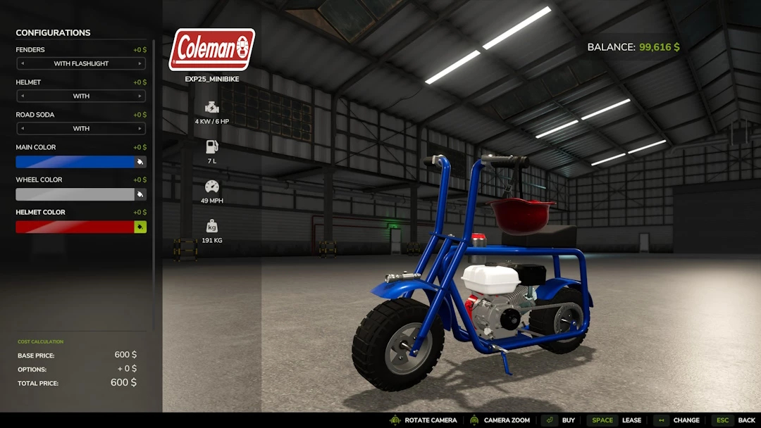 EXP25 Mini Bike mod in Farming Simulator 25. Blue mini bike with customizable options displayed in a garage setting.