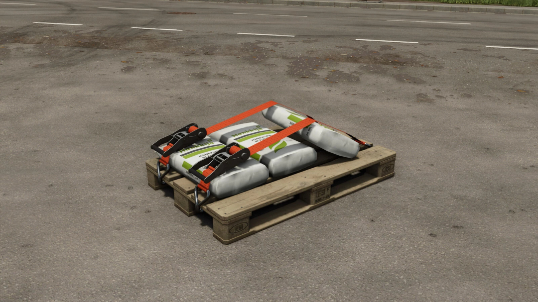 FS25 Empty Pallet v1.0.0.0 mod showing a strapped pallet on a road surface in Farming Simulator 25.