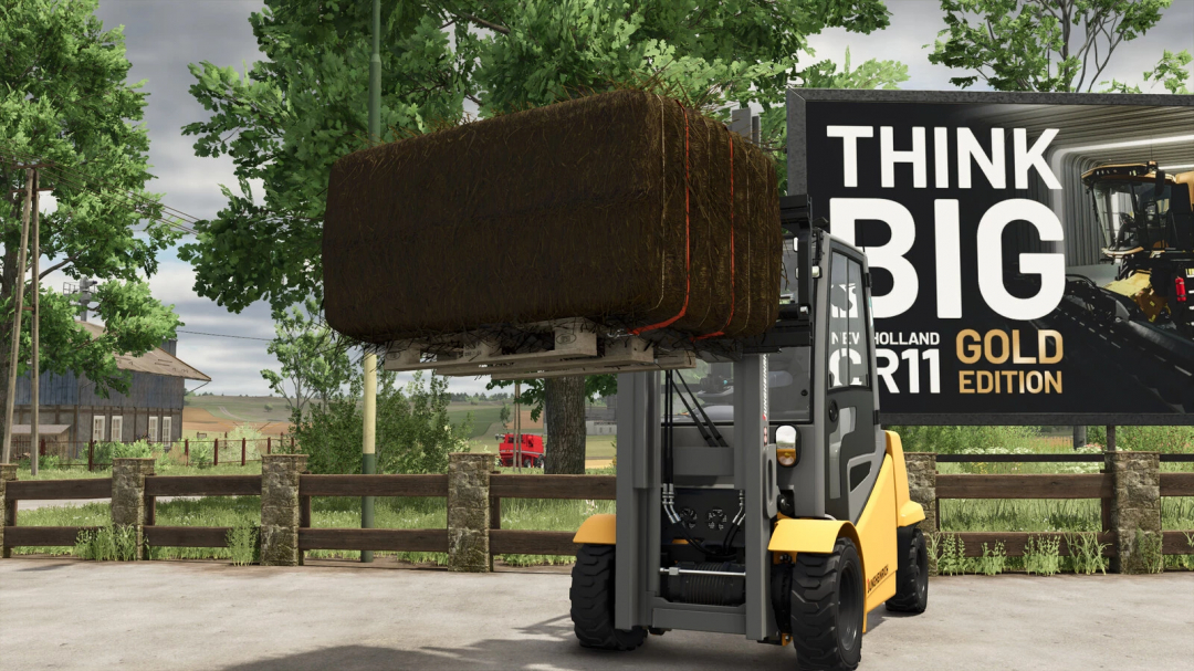 FS25 mod: Forklift carrying hay bale on empty pallet in Farming Simulator 25, with 'Think Big' billboard in background.