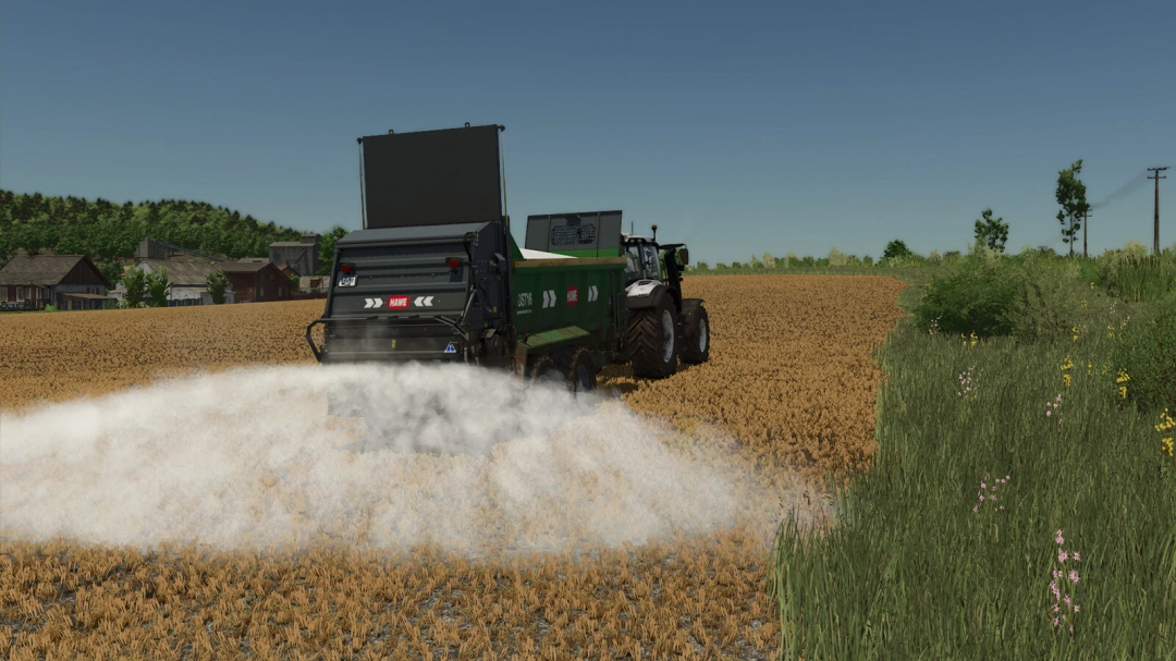 FS25 mod Enhanced Filltype Categories v1.0.0.0: Tractor spreading lime on field, enhancing crop yield.